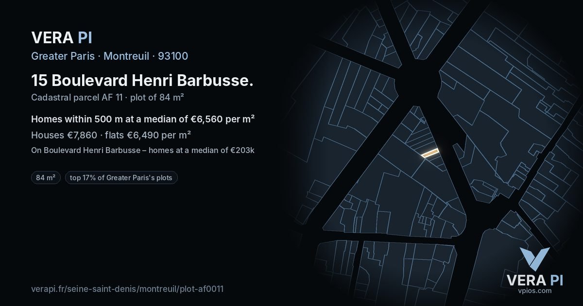 15 Boulevard Henri Barbusse, Montreuil at night – the plot lit, the parcels around coloured by the prices near them