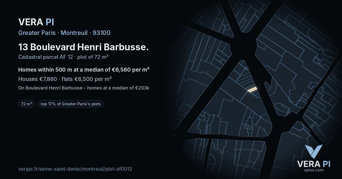 13 Boulevard Henri Barbusse, Montreuil at night – the plot lit, the parcels around coloured by the prices near them