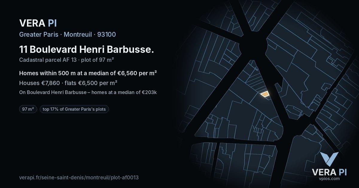11 Boulevard Henri Barbusse, Montreuil at night – the plot lit, the parcels around coloured by the prices near them