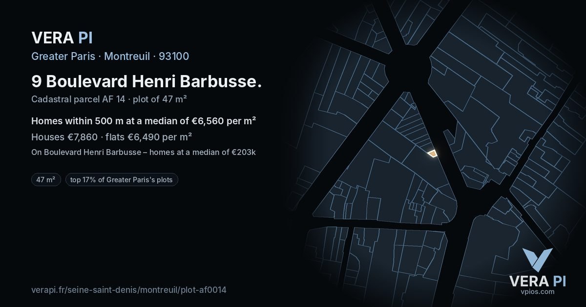 9 Boulevard Henri Barbusse, Montreuil at night – the plot lit, the parcels around coloured by the prices near them