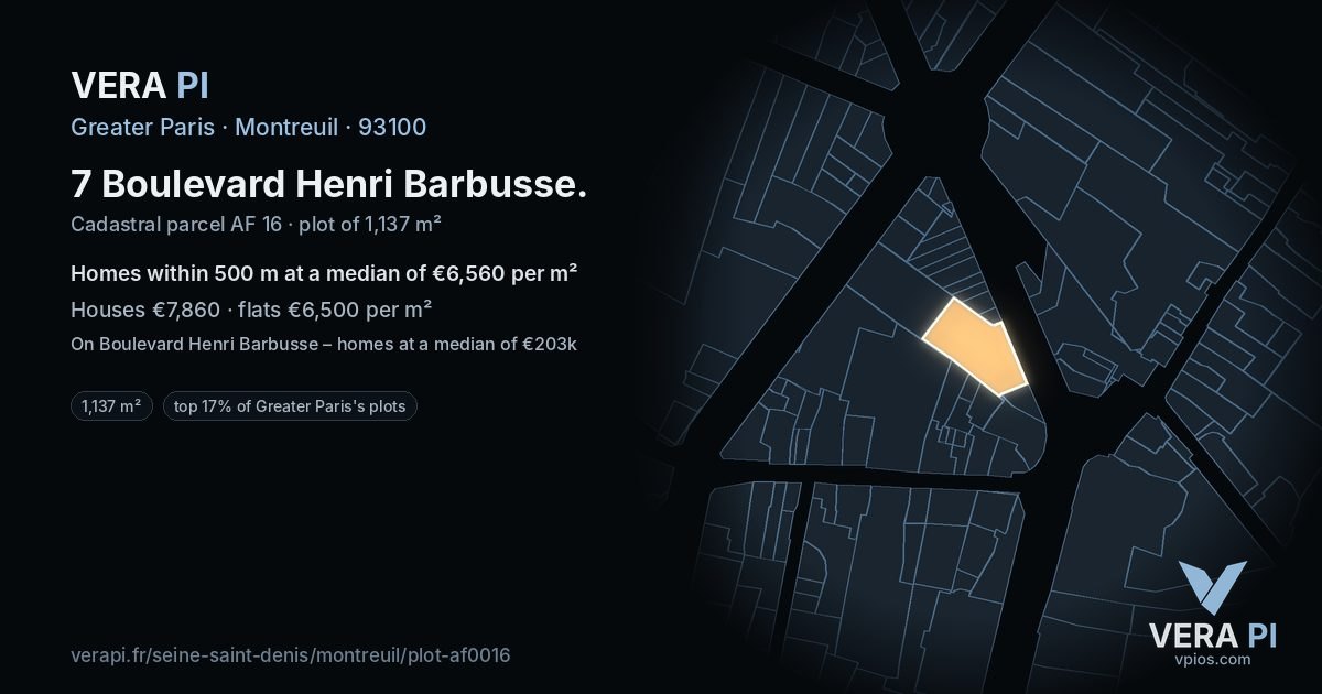 7 Boulevard Henri Barbusse, Montreuil at night – the plot lit, the parcels around coloured by the prices near them