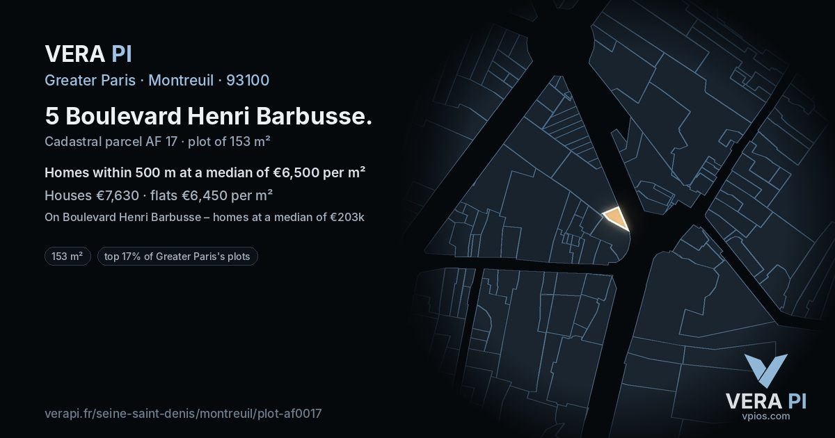 5 Boulevard Henri Barbusse, Montreuil at night – the plot lit, the parcels around coloured by the prices near them