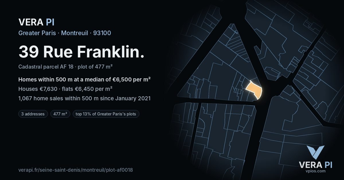 39 Rue Franklin, Montreuil at night – the plot lit, the parcels around coloured by the prices near them
