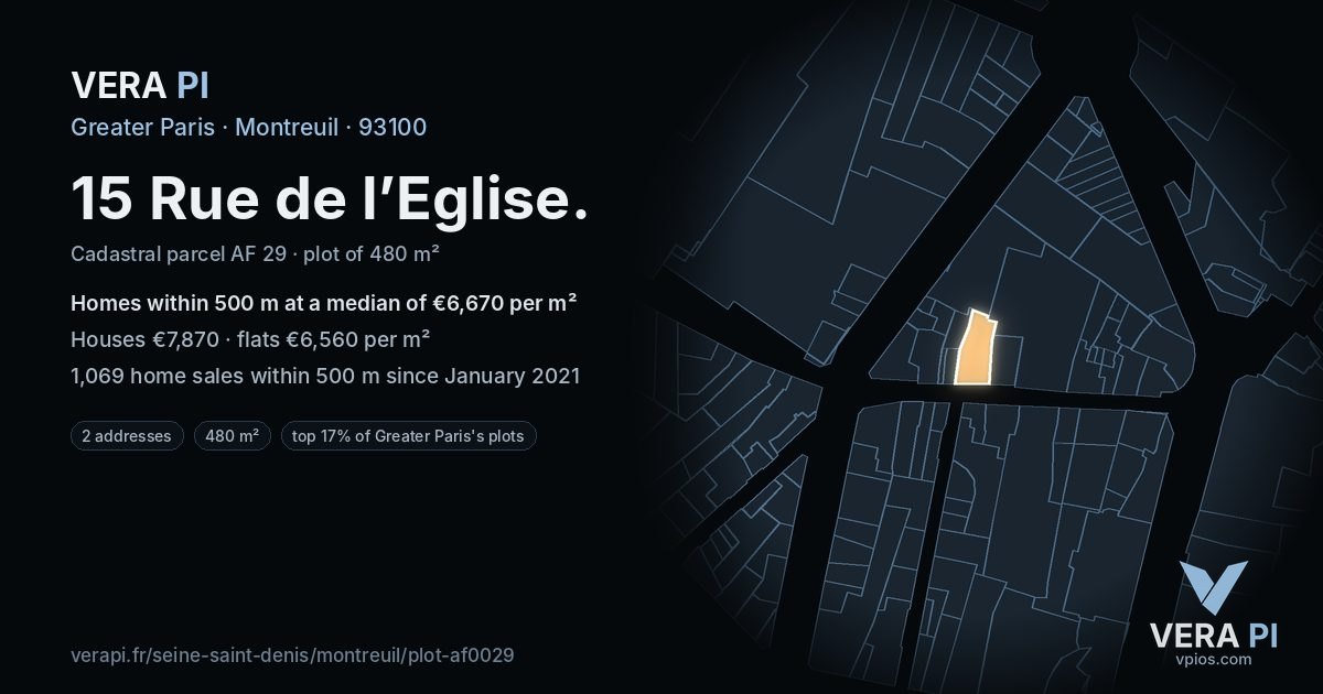 15 Rue de l’Eglise, Montreuil at night – the plot lit, the parcels around coloured by the prices near them