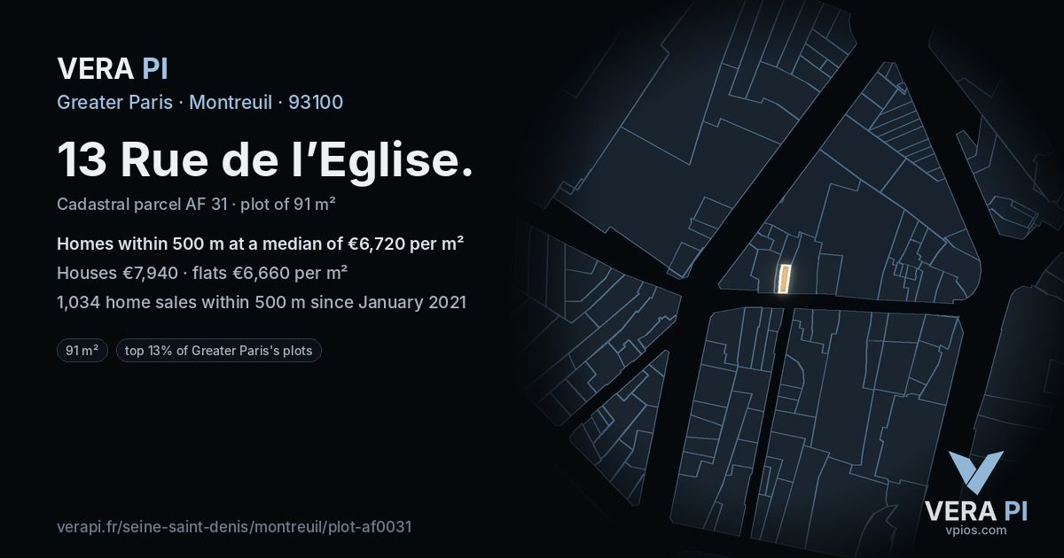 13 Rue de l’Eglise, Montreuil at night – the plot lit, the parcels around coloured by the prices near them