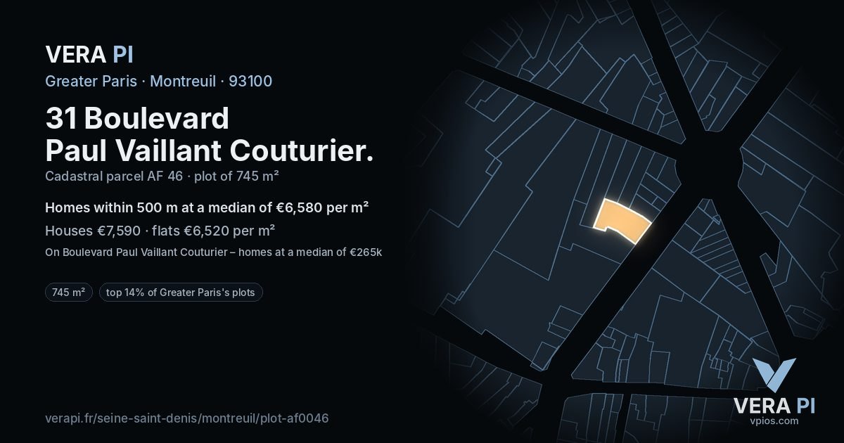 31 Boulevard Paul Vaillant Couturier, Montreuil at night – the plot lit, the parcels around coloured by the prices near them