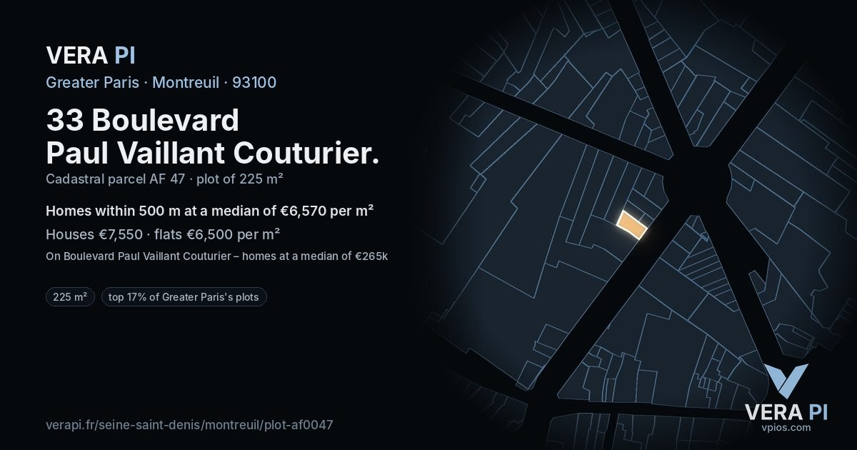 33 Boulevard Paul Vaillant Couturier, Montreuil at night – the plot lit, the parcels around coloured by the prices near them