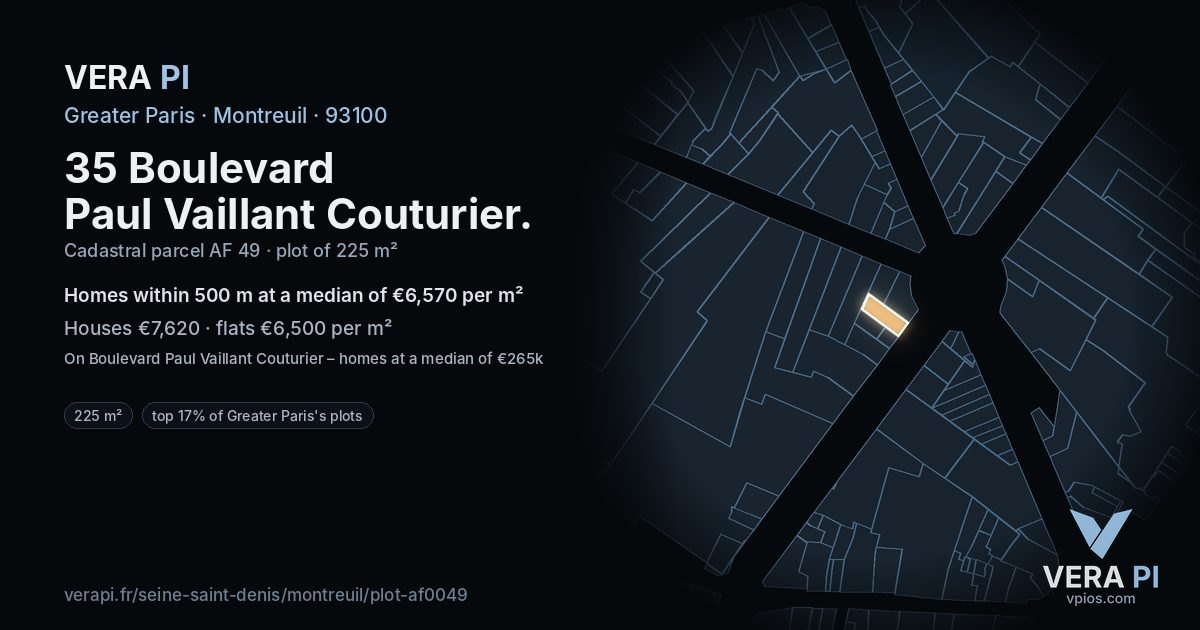 35 Boulevard Paul Vaillant Couturier, Montreuil at night – the plot lit, the parcels around coloured by the prices near them