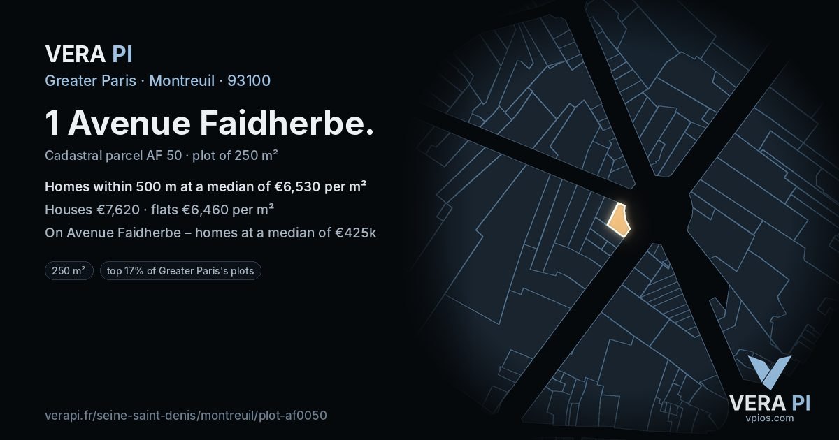 1 Avenue Faidherbe, Montreuil at night – the plot lit, the parcels around coloured by the prices near them