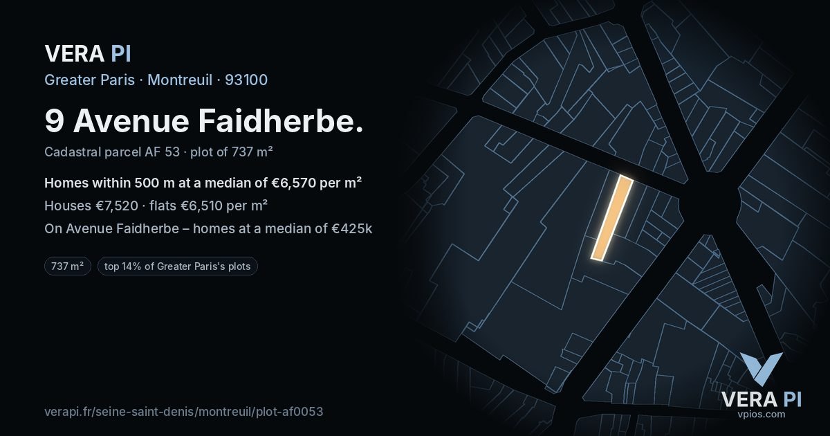 9 Avenue Faidherbe, Montreuil at night – the plot lit, the parcels around coloured by the prices near them