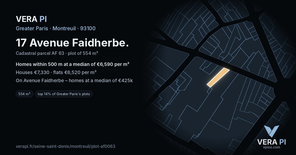 17 Avenue Faidherbe, Montreuil at night – the plot lit, the parcels around coloured by the prices near them