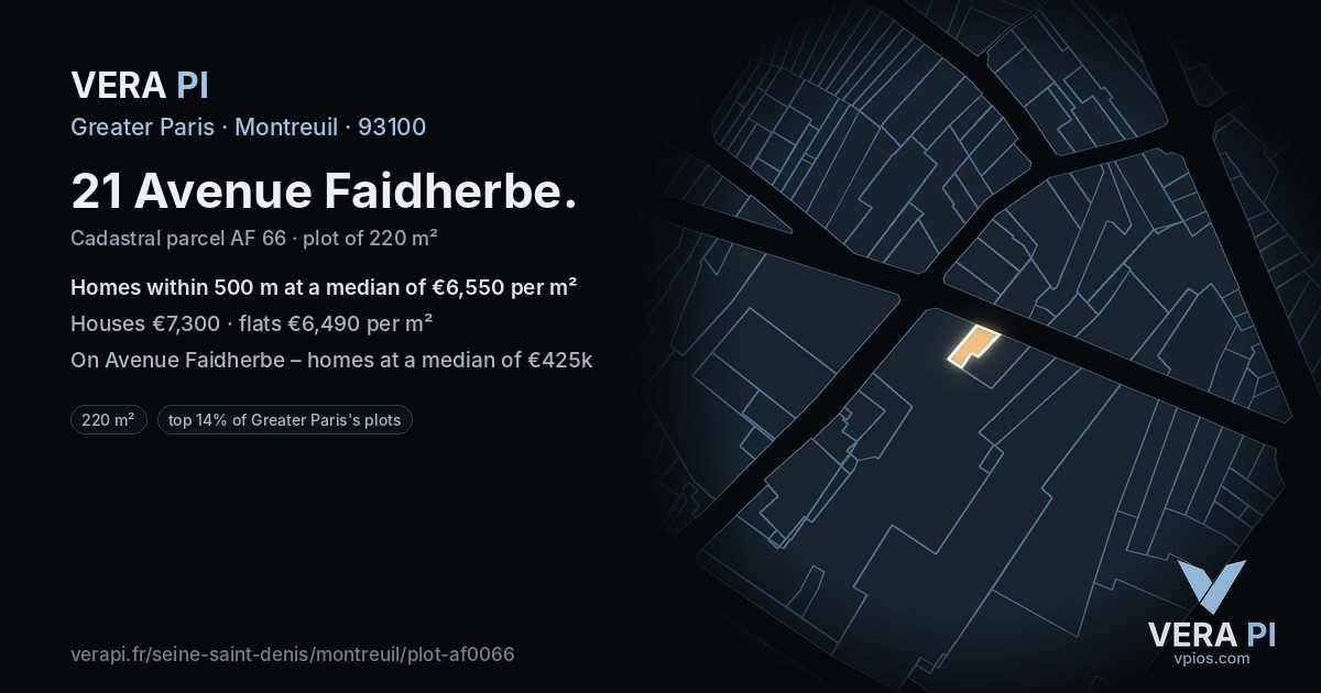 21 Avenue Faidherbe, Montreuil at night – the plot lit, the parcels around coloured by the prices near them