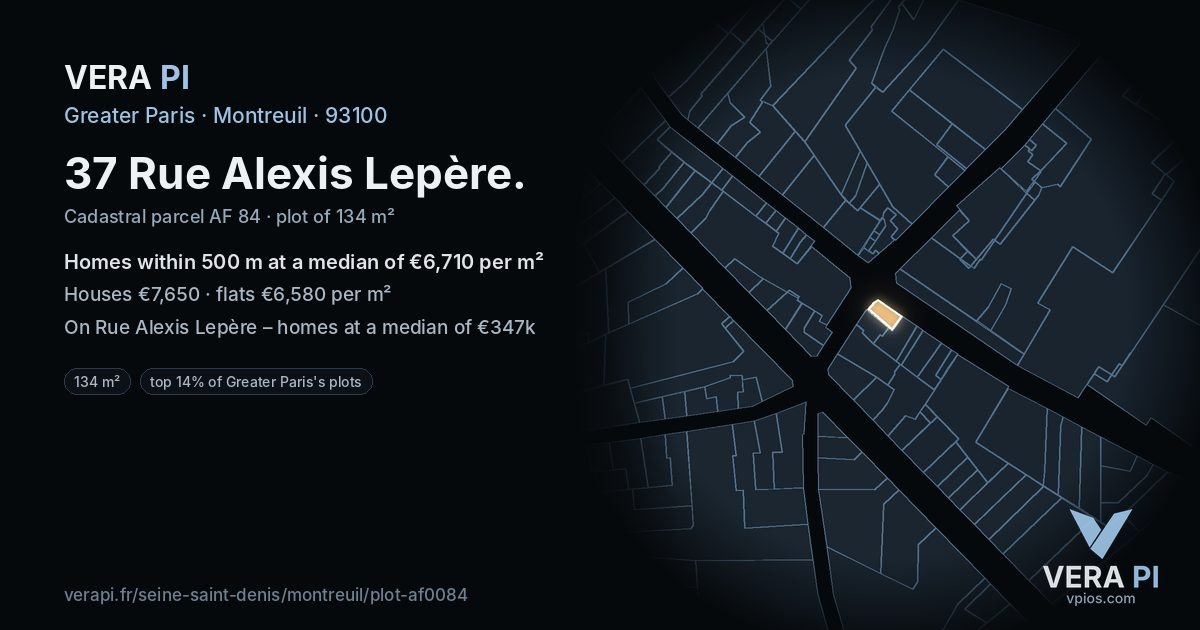 37 Rue Alexis Lepère, Montreuil at night – the plot lit, the parcels around coloured by the prices near them