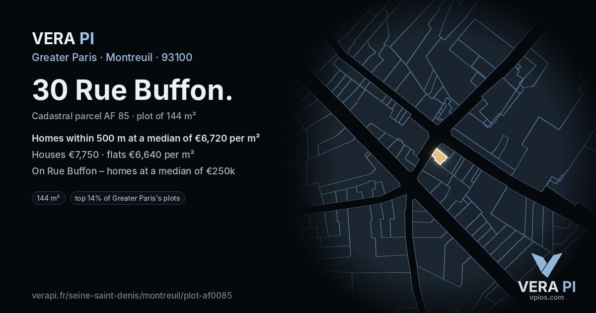 30 Rue Buffon, Montreuil at night – the plot lit, the parcels around coloured by the prices near them