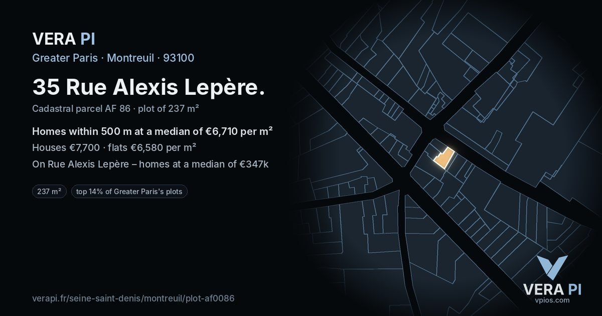 35 Rue Alexis Lepère, Montreuil at night – the plot lit, the parcels around coloured by the prices near them