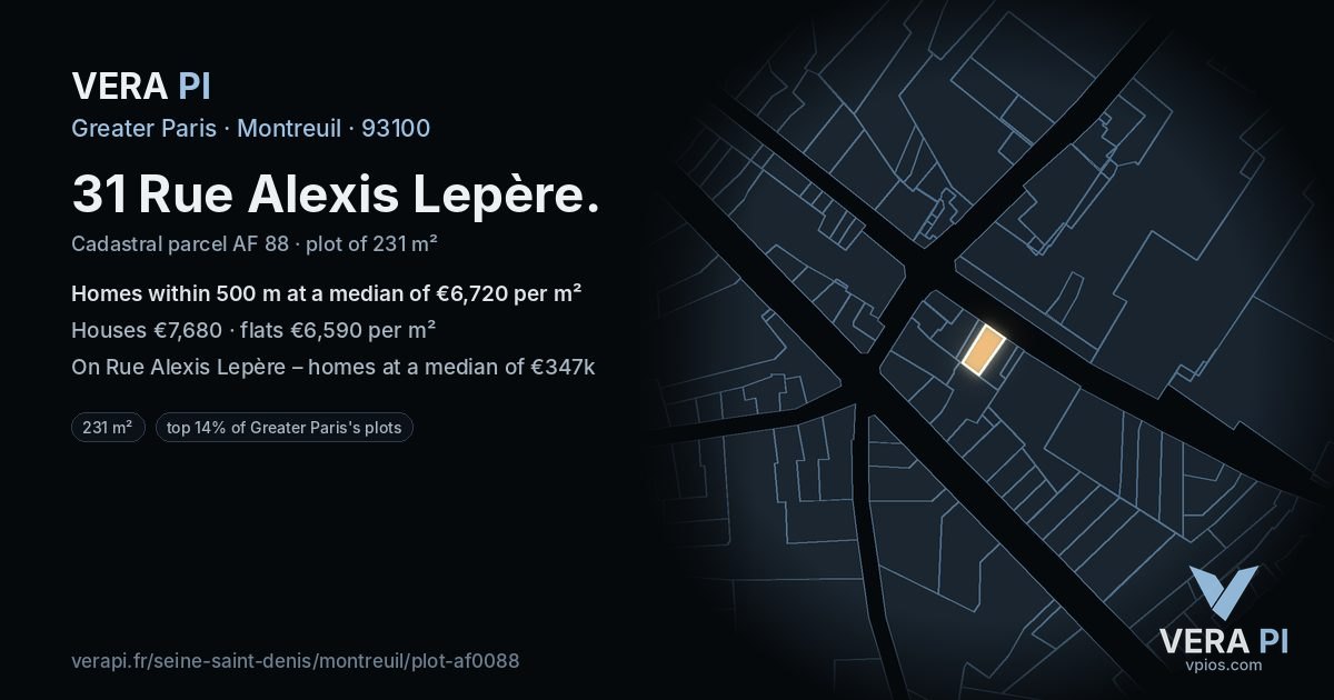 31 Rue Alexis Lepère, Montreuil at night – the plot lit, the parcels around coloured by the prices near them