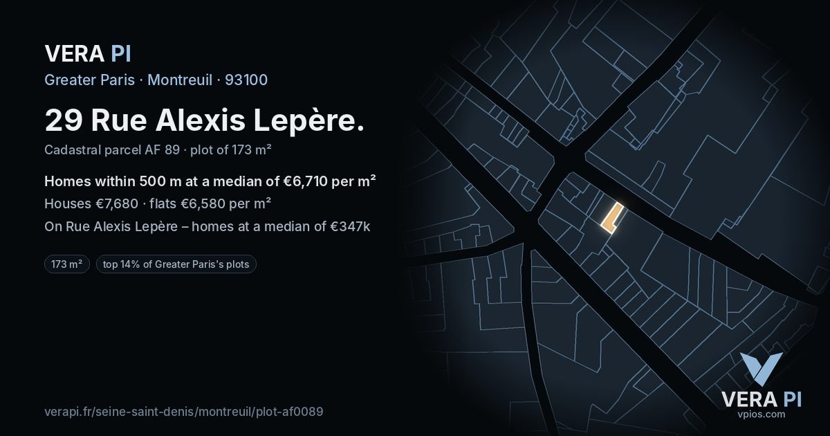 29 Rue Alexis Lepère, Montreuil at night – the plot lit, the parcels around coloured by the prices near them