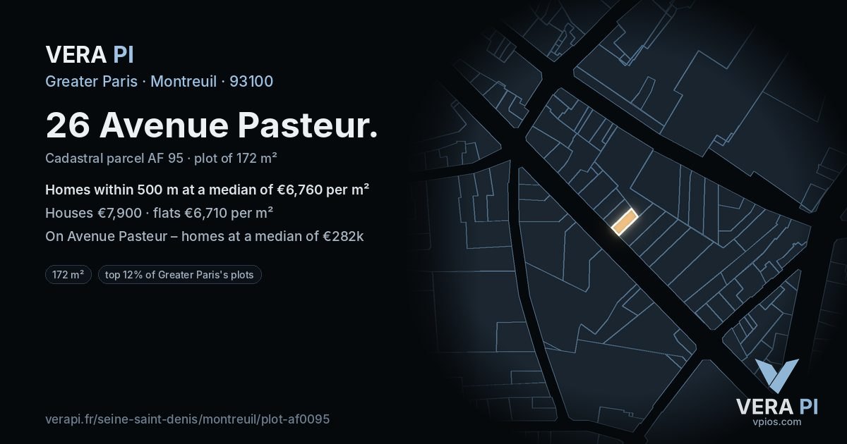 26 Avenue Pasteur, Montreuil at night – the plot lit, the parcels around coloured by the prices near them