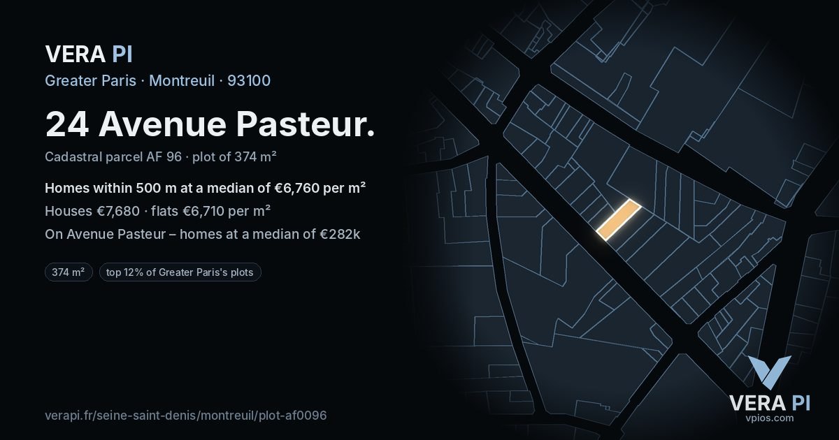 24 Avenue Pasteur, Montreuil at night – the plot lit, the parcels around coloured by the prices near them