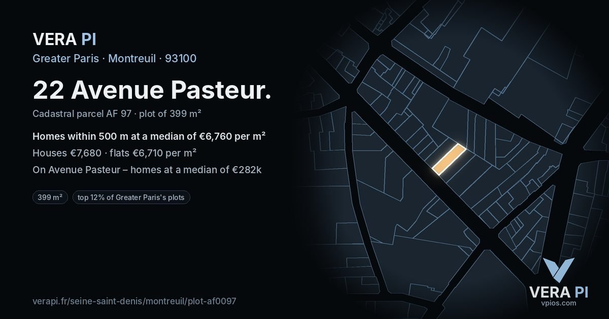 22 Avenue Pasteur, Montreuil at night – the plot lit, the parcels around coloured by the prices near them