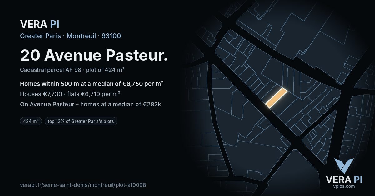 20 Avenue Pasteur, Montreuil at night – the plot lit, the parcels around coloured by the prices near them