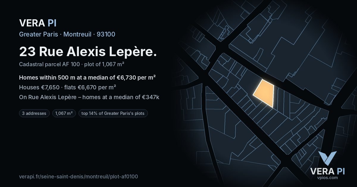 23 Rue Alexis Lepère, Montreuil at night – the plot lit, the parcels around coloured by the prices near them