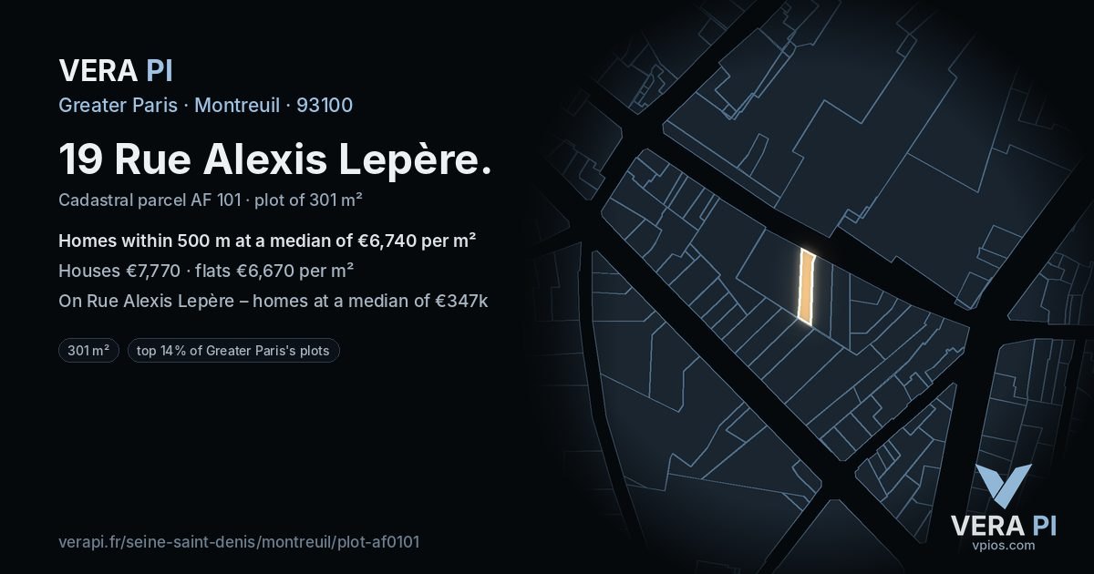 19 Rue Alexis Lepère, Montreuil at night – the plot lit, the parcels around coloured by the prices near them