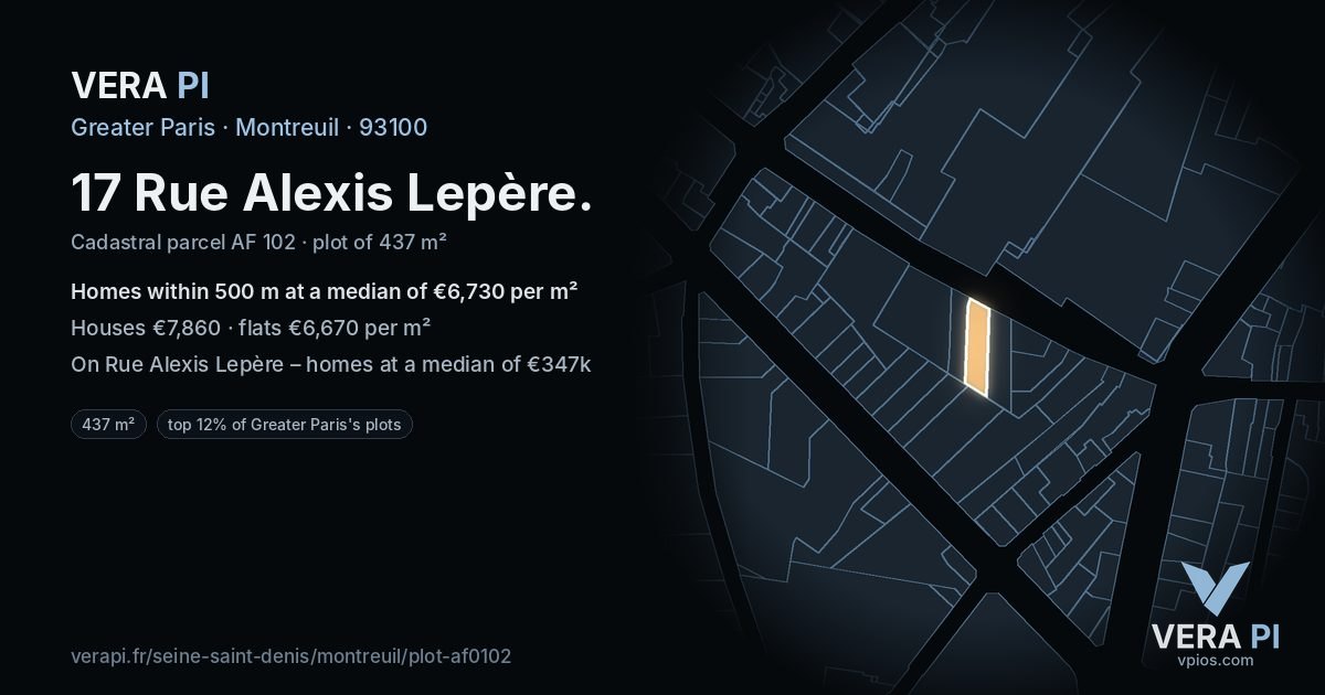 17 Rue Alexis Lepère, Montreuil at night – the plot lit, the parcels around coloured by the prices near them