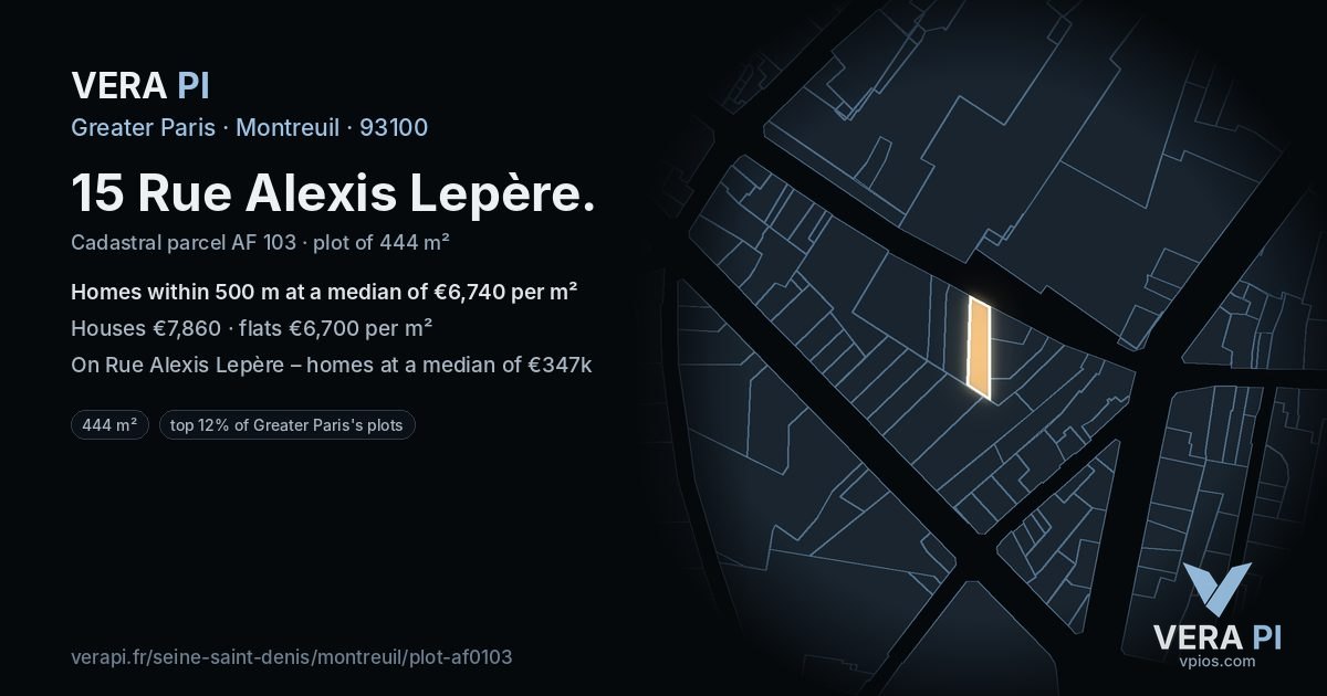 15 Rue Alexis Lepère, Montreuil at night – the plot lit, the parcels around coloured by the prices near them
