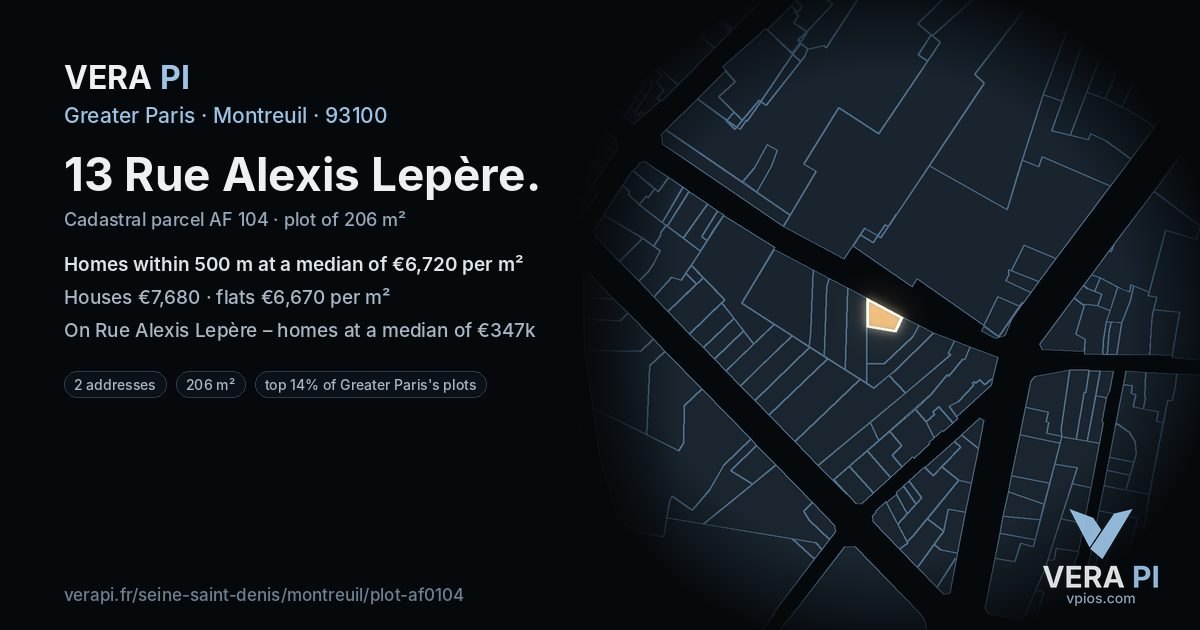 13 Rue Alexis Lepère, Montreuil at night – the plot lit, the parcels around coloured by the prices near them