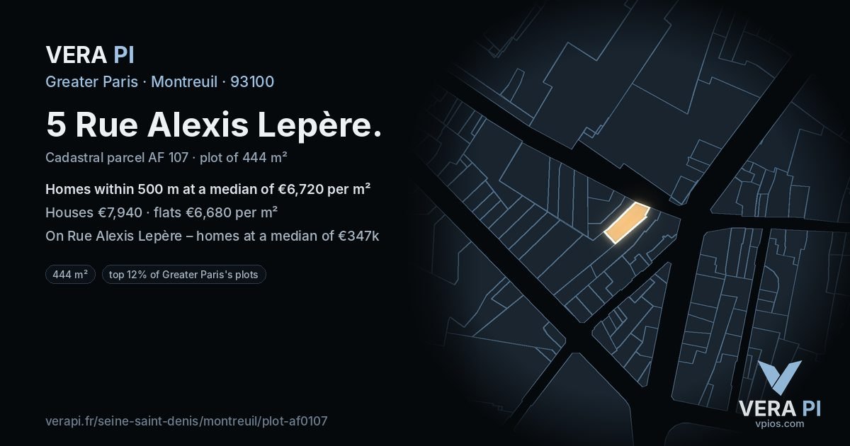 5 Rue Alexis Lepère, Montreuil at night – the plot lit, the parcels around coloured by the prices near them