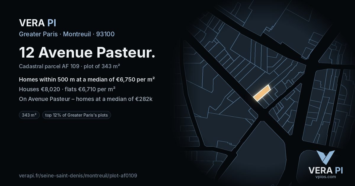 12 Avenue Pasteur, Montreuil at night – the plot lit, the parcels around coloured by the prices near them