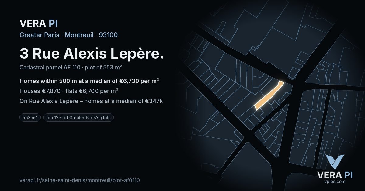 3 Rue Alexis Lepère, Montreuil at night – the plot lit, the parcels around coloured by the prices near them