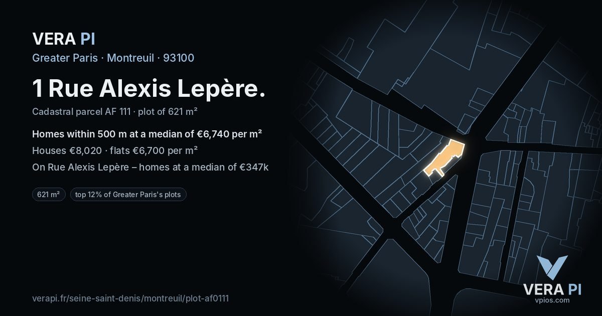 1 Rue Alexis Lepère, Montreuil at night – the plot lit, the parcels around coloured by the prices near them