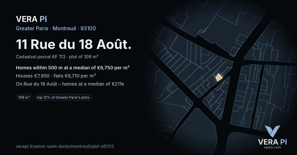 11 Rue du 18 Août, Montreuil at night – the plot lit, the parcels around coloured by the prices near them