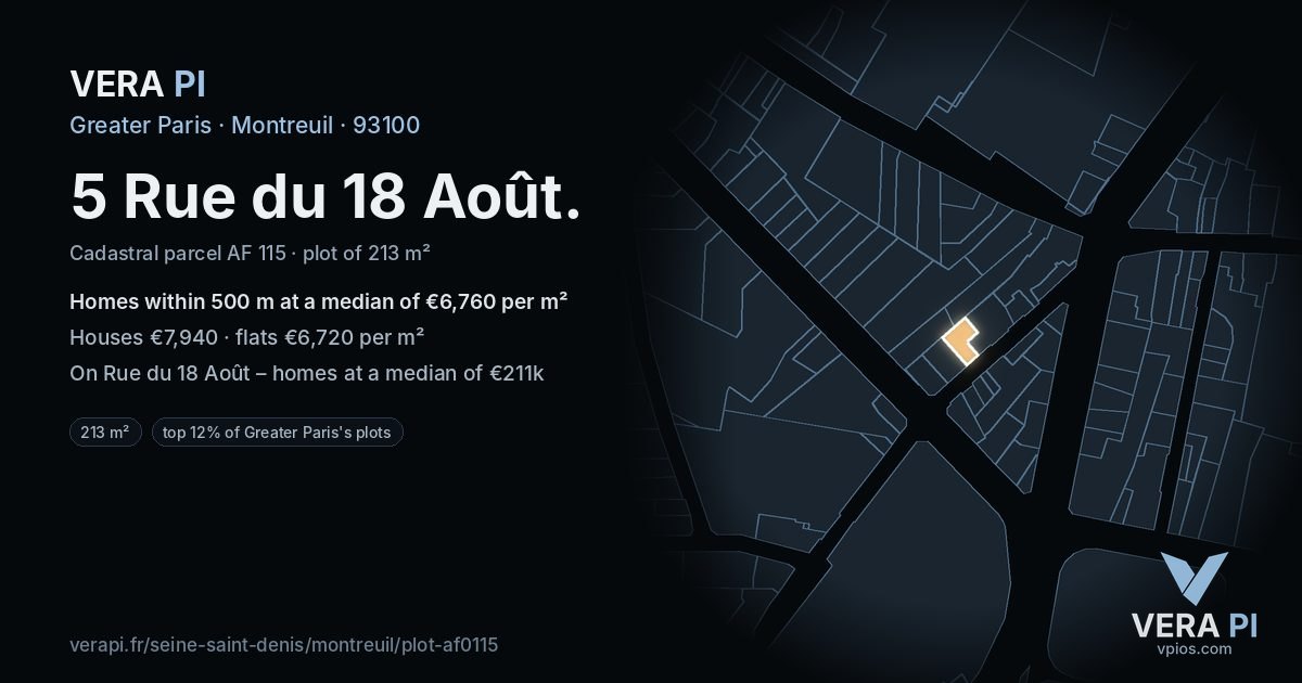 5 Rue du 18 Août, Montreuil at night – the plot lit, the parcels around coloured by the prices near them