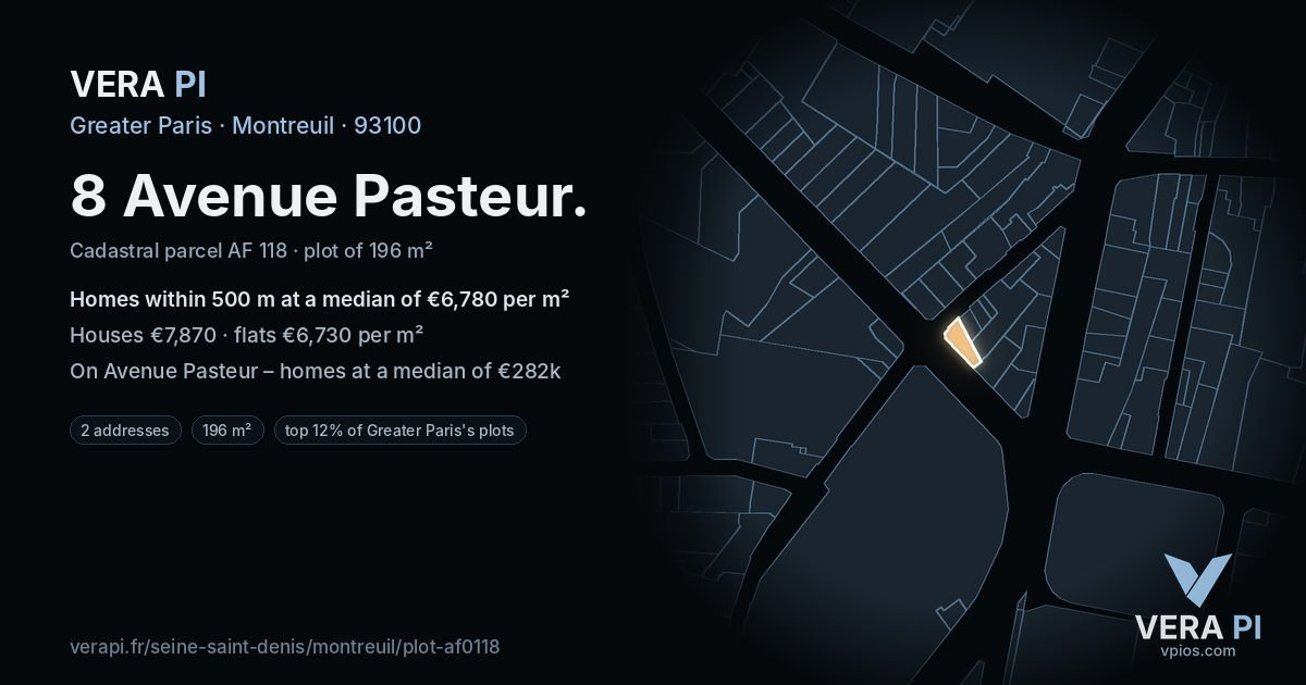 8 Avenue Pasteur, Montreuil at night – the plot lit, the parcels around coloured by the prices near them