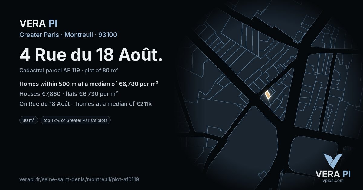 4 Rue du 18 Août, Montreuil at night – the plot lit, the parcels around coloured by the prices near them