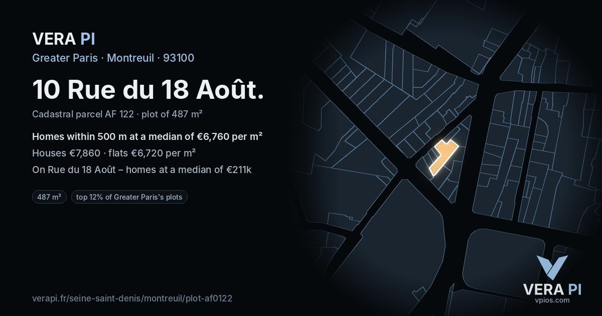 10 Rue du 18 Août, Montreuil at night – the plot lit, the parcels around coloured by the prices near them