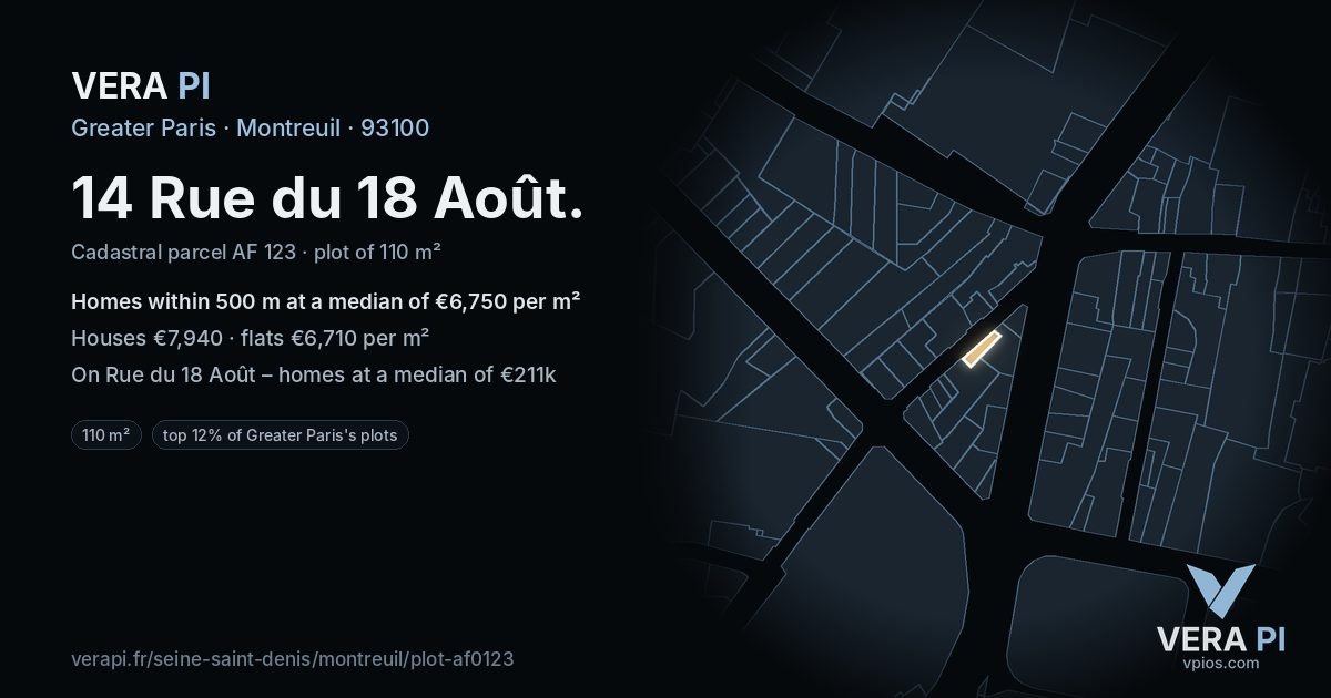 14 Rue du 18 Août, Montreuil at night – the plot lit, the parcels around coloured by the prices near them