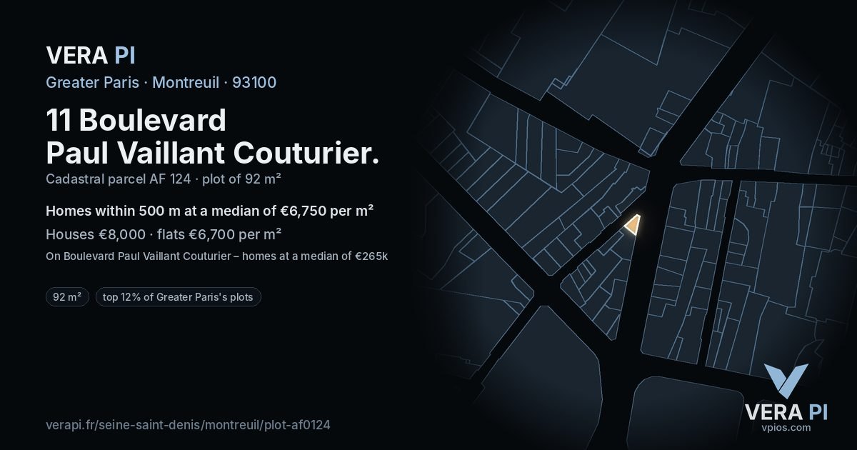 11 Boulevard Paul Vaillant Couturier, Montreuil at night – the plot lit, the parcels around coloured by the prices near them