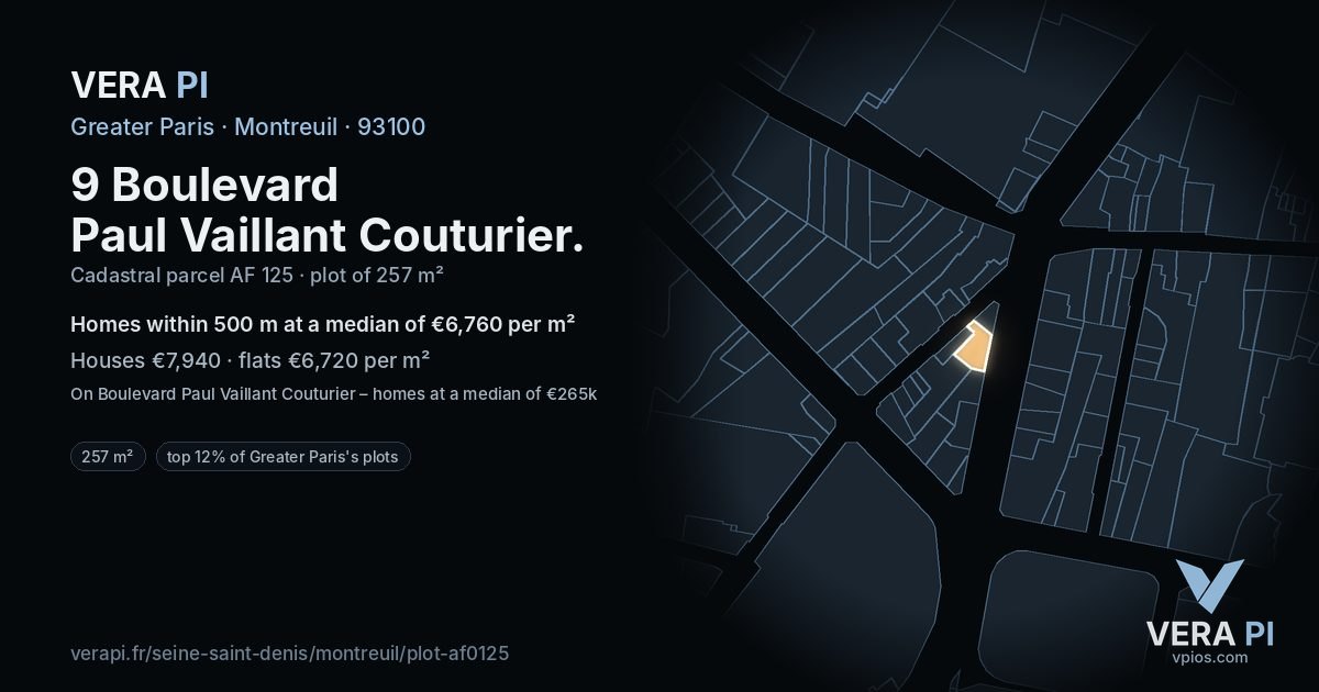9 Boulevard Paul Vaillant Couturier, Montreuil at night – the plot lit, the parcels around coloured by the prices near them