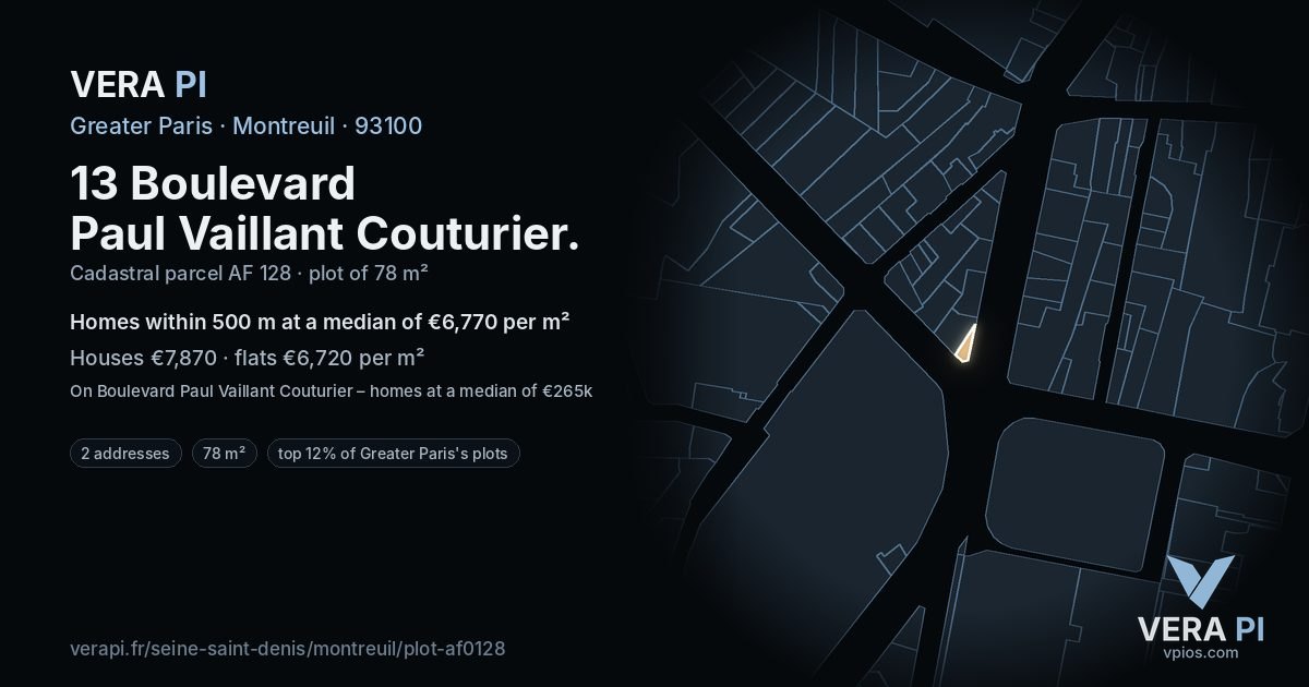 13 Boulevard Paul Vaillant Couturier, Montreuil at night – the plot lit, the parcels around coloured by the prices near them