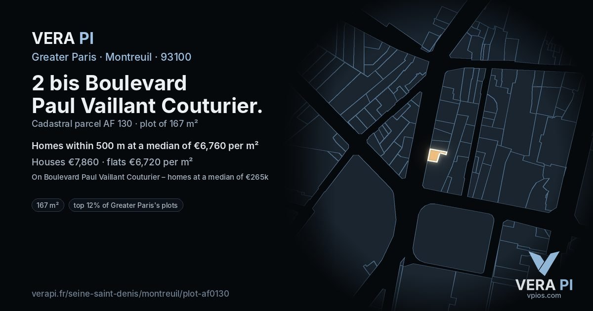 2 bis Boulevard Paul Vaillant Couturier, Montreuil at night – the plot lit, the parcels around coloured by the prices near them
