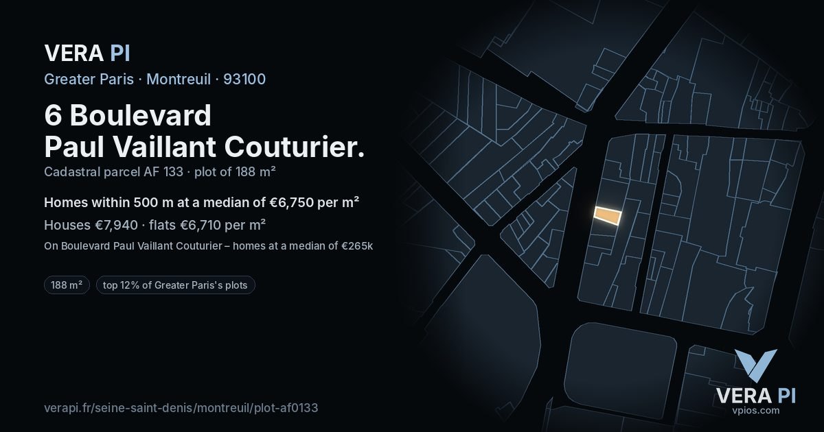 6 Boulevard Paul Vaillant Couturier, Montreuil at night – the plot lit, the parcels around coloured by the prices near them