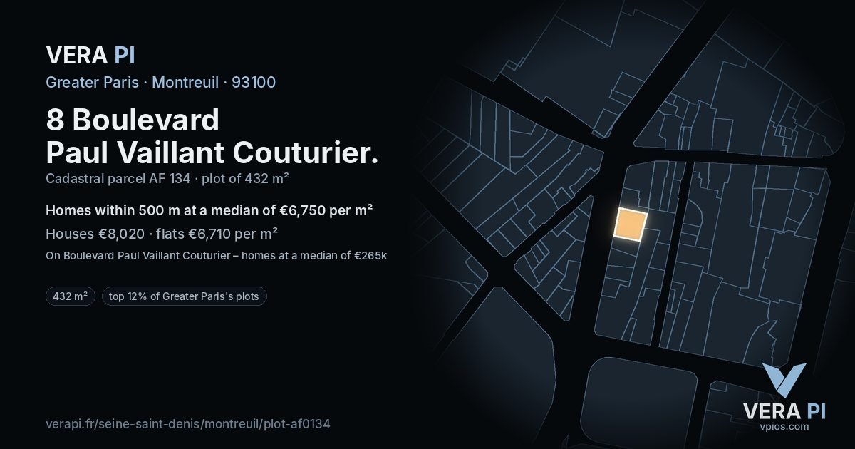 8 Boulevard Paul Vaillant Couturier, Montreuil at night – the plot lit, the parcels around coloured by the prices near them