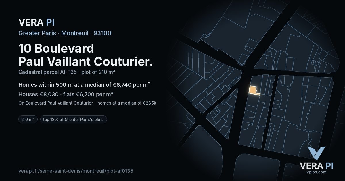 10 Boulevard Paul Vaillant Couturier, Montreuil at night – the plot lit, the parcels around coloured by the prices near them