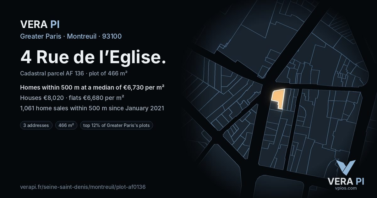 4 Rue de l’Eglise, Montreuil at night – the plot lit, the parcels around coloured by the prices near them