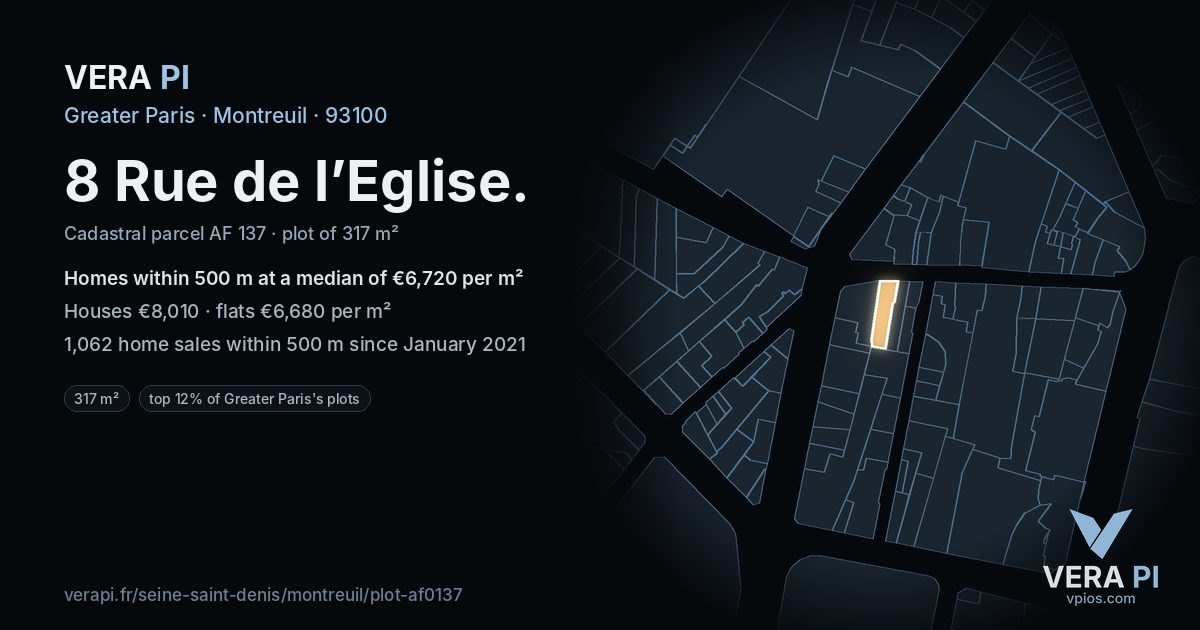 8 Rue de l’Eglise, Montreuil at night – the plot lit, the parcels around coloured by the prices near them
