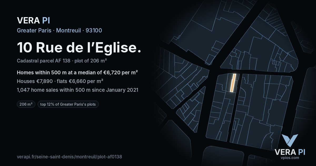 10 Rue de l’Eglise, Montreuil at night – the plot lit, the parcels around coloured by the prices near them